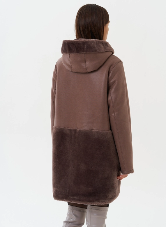 Двухсторонняя дубленка из эко кожи с капюшоном