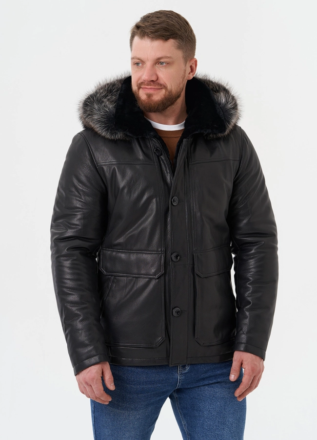 Пуховик из натуральной кожи с мехом енота модель № 25995 универмаг малина