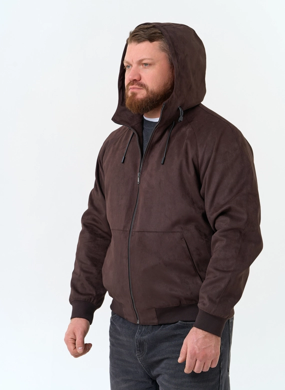 Мужская куртка бомбер из эко замши с капюшоном фото