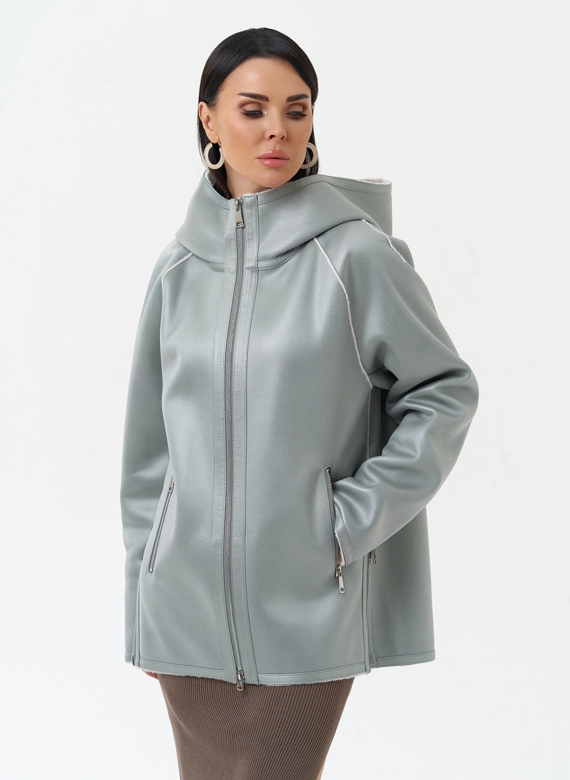 Женская дубленка из эко замши с капюшоном